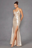 Juliet Radiant Metallic Sleeveless V-Neck Slit Gown JT2502A - Rosa Apparel