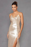 Juliet Radiant Metallic Sleeveless V-Neck Slit Gown JT2502A - Rosa Apparel
