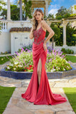 Juliet Satin Spaghetti-Strap Sheer Beaded Corset Gown with High Slit JT2650K Red