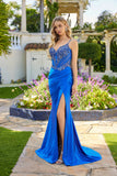 Juliet Satin Spaghetti-Strap Sheer Beaded Corset Gown with High Slit JT2650K Royal Blue