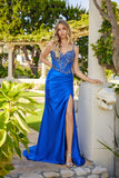 Juliet Satin Spaghetti-Strap Sheer Beaded Corset Gown with High Slit JT2650K Royal Blue