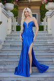 Juliet Satin Strapless Gown with Sculpted Bodice and High Side Slit JT2673R Blue
