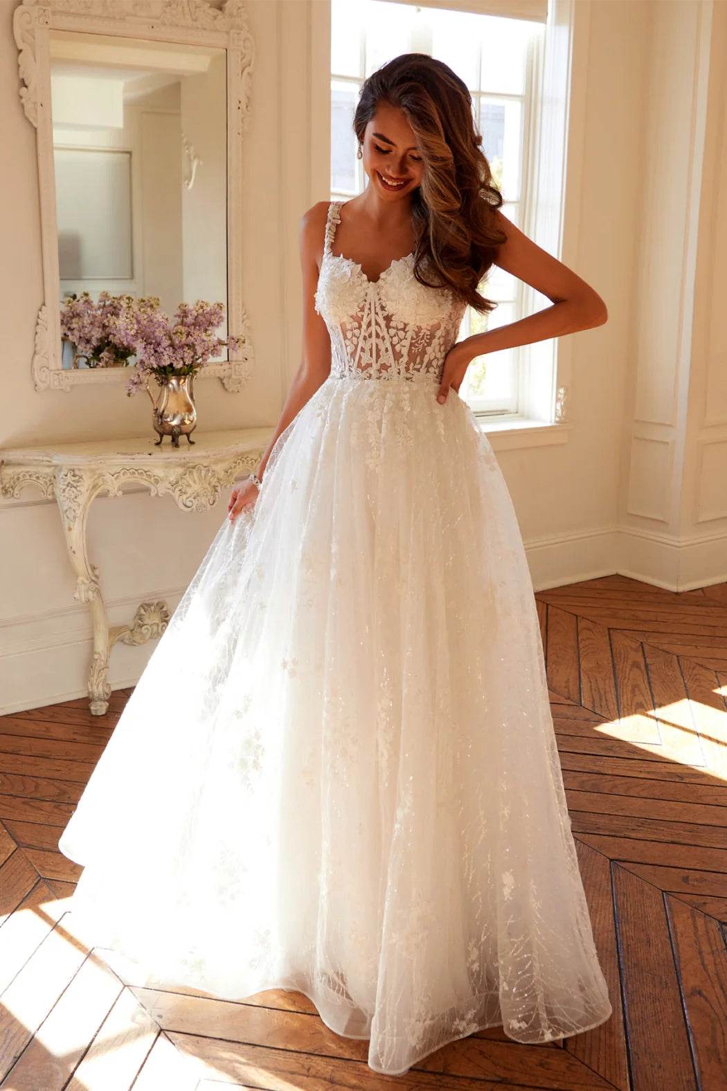 Juliet Sleeveless A-Line Skirt Floral Corset and Straps Wedding Dress - JT2495AW - Rosa Apparel