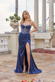 Juliet Spaghetti-Strap Fitted Rhinestone Bodice Gown with High Slit JT2655S Navy Blue