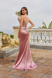 Juliet Spaghetti-Strap Fitted Rhinestone Bodice Gown with High Slit JT2655S Rose Gold