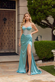 Juliet Spaghetti-Strap Fitted Rhinestone Bodice Gown with High Slit JT2655S Sea Green