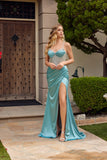 Juliet Spaghetti-Strap Fitted Rhinestone Bodice Gown with High Slit JT2655S Sea Green