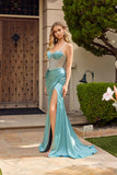 Juliet Spaghetti-Strap Fitted Rhinestone Bodice Gown with High Slit JT2655S Sea Green