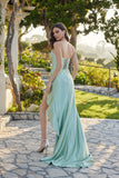 Juliet Spaghetti Strap Gown with Jeweled Neckline and Ruching JT2686A Sage Green