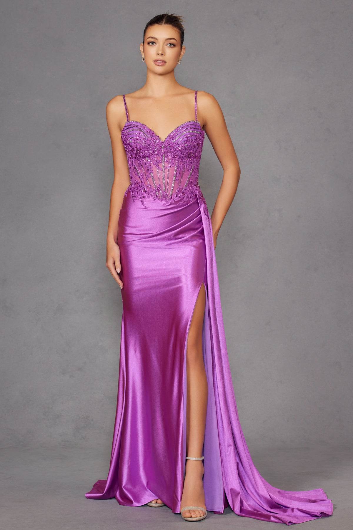 Juliet Spaghetti Strap Sweetheart Neckline Sequin High Slit Evening Gown - JT2535K - Rosa Apparel