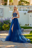 Juliet Strapless Beaded Corset A-Line Gown with Flowing Tulle Skirt and Front Slit JT2640G Navy Blue