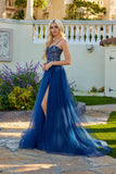 Juliet Strapless Beaded Corset A-Line Gown with Flowing Tulle Skirt and Front Slit JT2640G Navy Blue