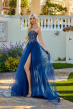 Juliet Strapless Beaded Corset A-Line Gown with Flowing Tulle Skirt and Front Slit JT2640G Navy Blue