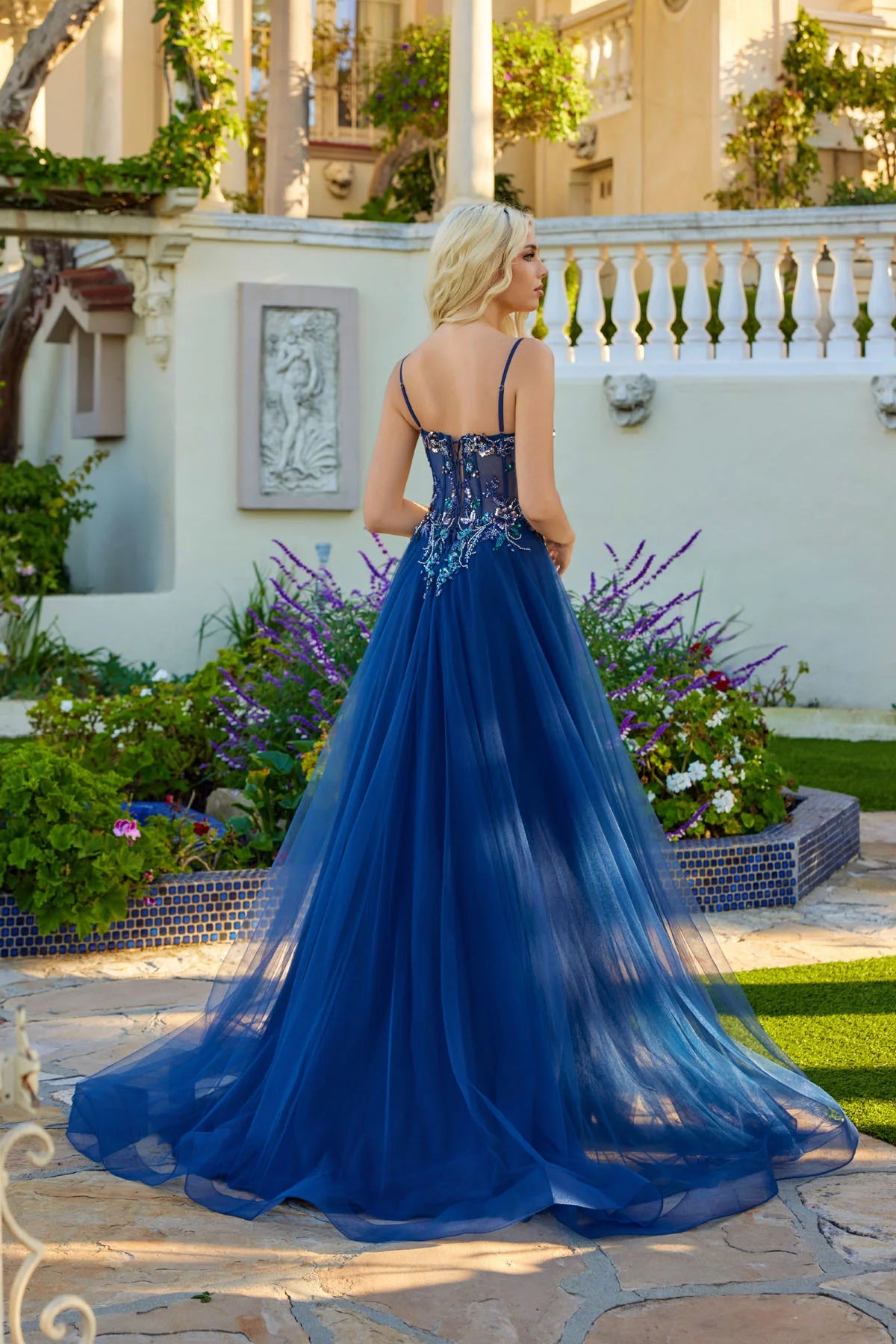 Juliet Strapless Beaded Corset A-Line Gown with Flowing Tulle Skirt and Front Slit JT2640G Navy Blue