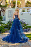Juliet Strapless Beaded Corset A-Line Gown with Flowing Tulle Skirt and Front Slit JT2640G Navy Blue