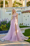 Juliet Strapless Beaded Corset A-Line Gown with Flowing Tulle Skirt and Front Slit JT2640G Rose