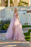 Juliet Strapless Beaded Corset A-Line Gown with Flowing Tulle Skirt and Front Slit JT2640G Rose