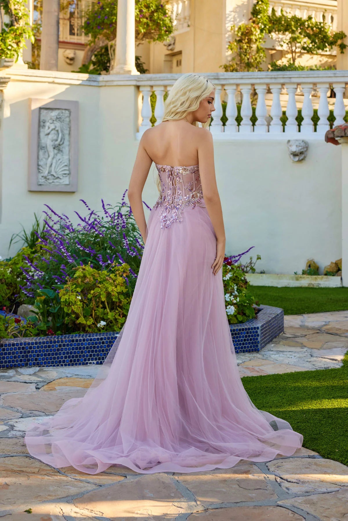 Juliet Strapless Beaded Corset A-Line Gown with Flowing Tulle Skirt and Front Slit JT2640G Rose