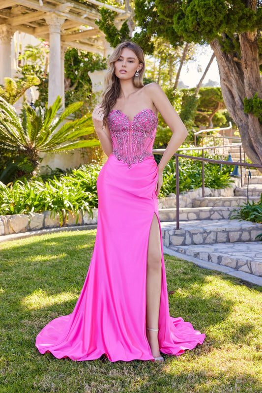 Juliet Strapless Beaded Sheer Corset Gown with Basque Waist and High Slit JT2648K Fuchsia