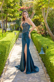 Juliet Strapless Beaded Sheer Corset Gown with Basque Waist and High Slit JT2648K Teal