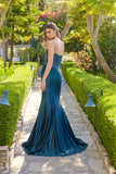 Juliet Strapless Beaded Sheer Corset Gown with Basque Waist and High Slit JT2648K Teal