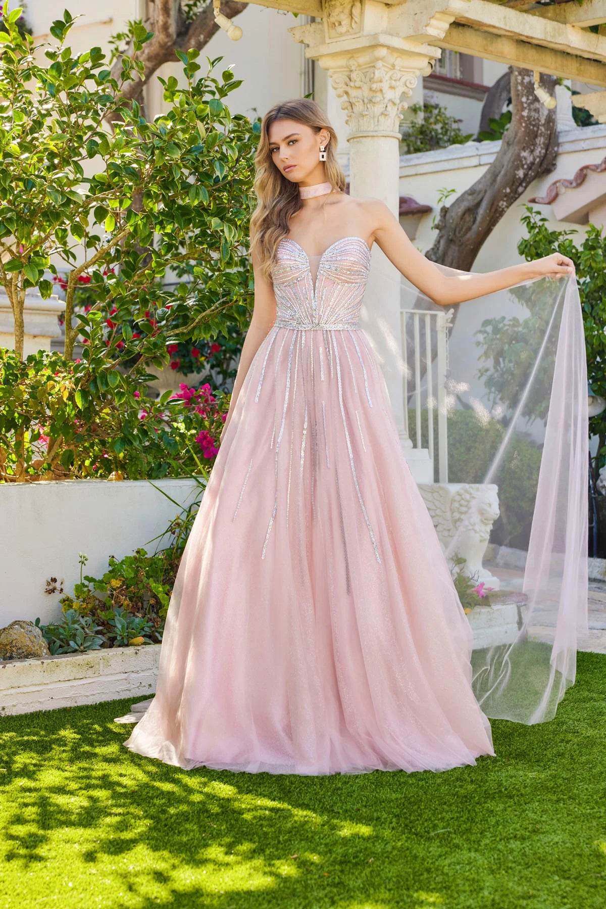 Juliet Strapless Corset Ball Gown with Beaded Tulle Skirt and Detachable Scarf JT2620U Blush