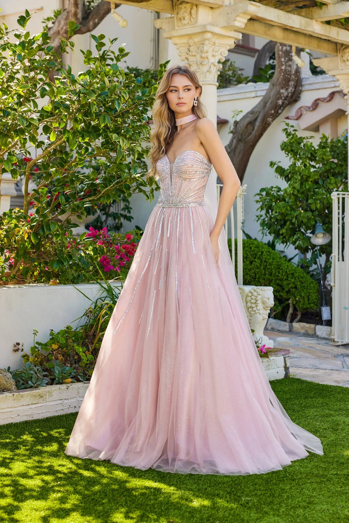 Juliet Strapless Corset Ball Gown with Beaded Tulle Skirt and Detachable Scarf JT2620U Blush