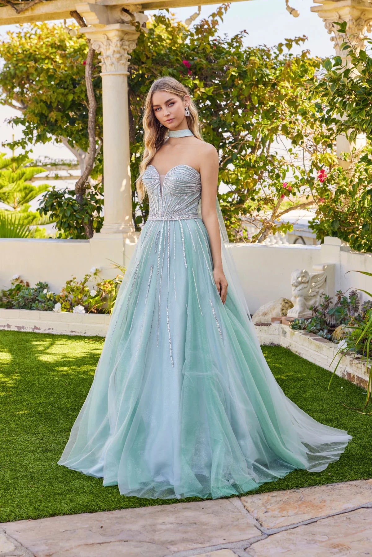 Juliet Strapless Corset Ball Gown with Beaded Tulle Skirt and Detachable Scarf JT2620U Sage Green