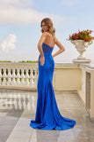 Juliet Strapless Corset Gown with Directional Beading and High Slit JT2635G Royal Blue