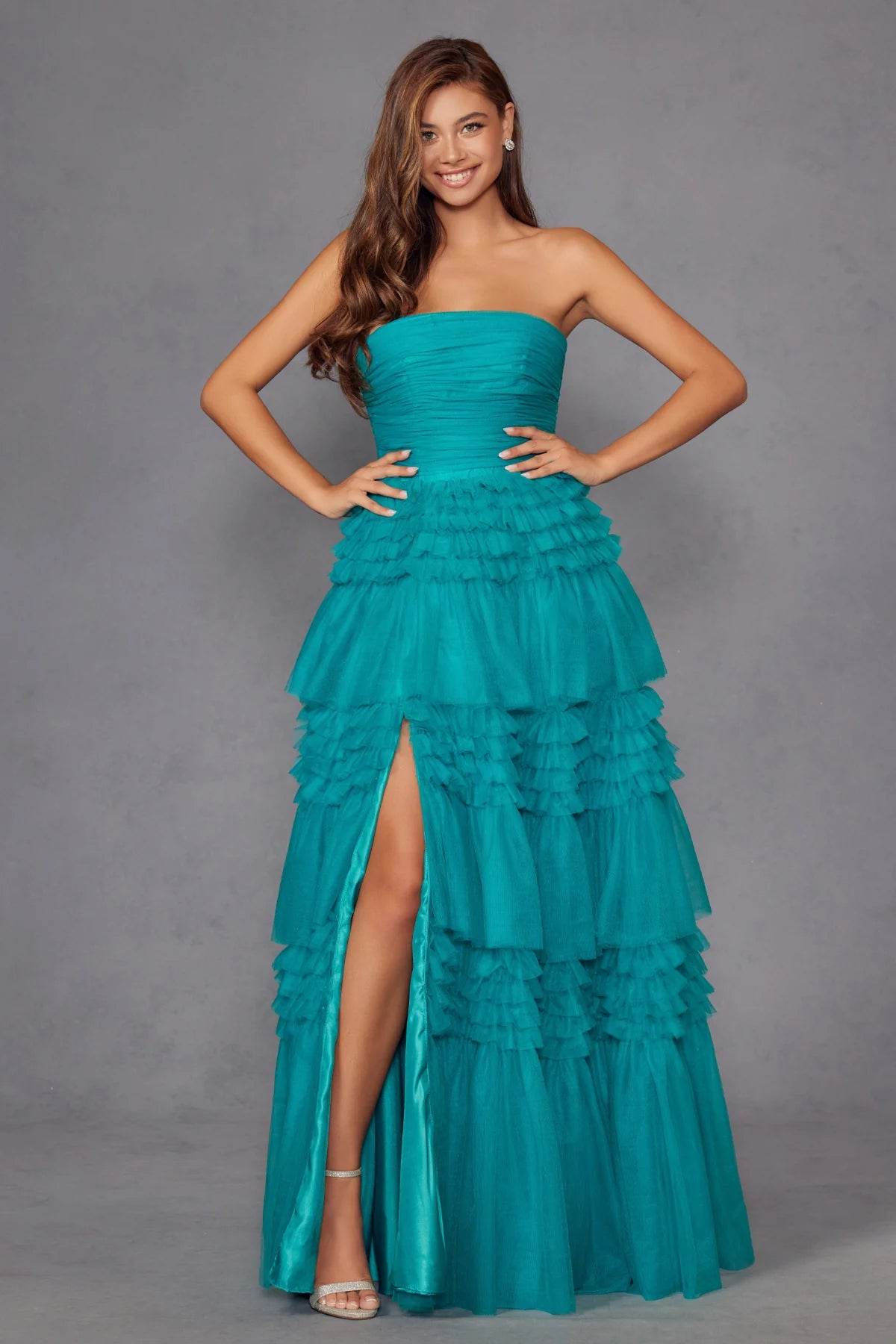 Juliet Strapless Tiered A-line Slit Gown JT2542S - Rosa Apparel