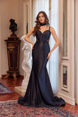 Juliet Strappy Corset Mermaid Gown with Appliqué and Detachable Neck Scarf JT2628L Black