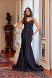 Juliet Strappy Corset Mermaid Gown with Appliqué and Detachable Neck Scarf JT2628L Black