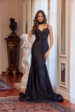 Juliet Strappy Corset Mermaid Gown with Appliqué and Detachable Neck Scarf JT2628L Black