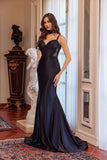 Juliet Strappy Corset Mermaid Gown with Appliqué and Detachable Neck Scarf JT2628L Black