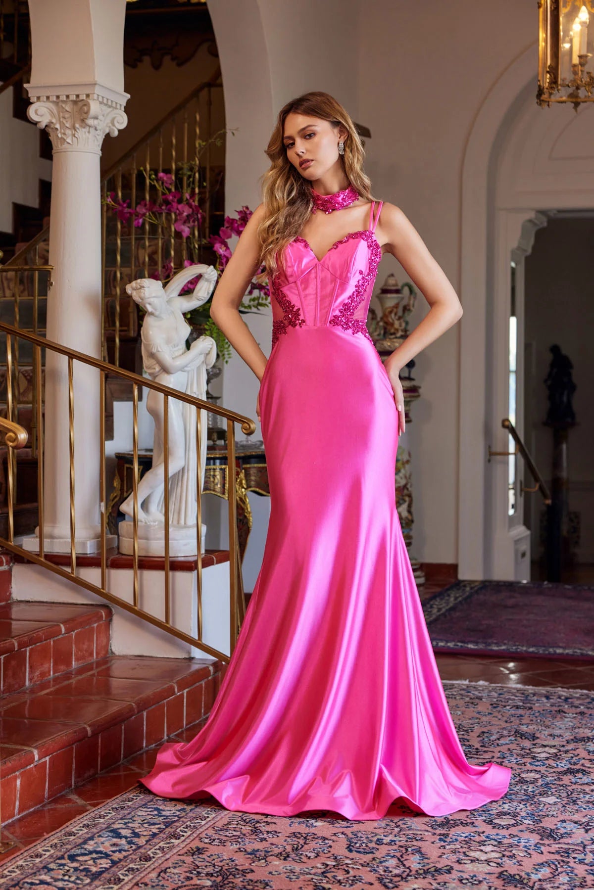 Juliet Strappy Corset Mermaid Gown with Appliqué and Detachable Neck Scarf JT2628L Fuchsia