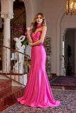 Juliet Strappy Corset Mermaid Gown with Appliqué and Detachable Neck Scarf JT2628L Fuchsia