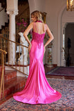 Juliet Strappy Corset Mermaid Gown with Appliqué and Detachable Neck Scarf JT2628L Fuchsia