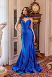 Juliet Strappy Corset Mermaid Gown with Appliqué and Detachable Neck Scarf JT2628L Royal Blue