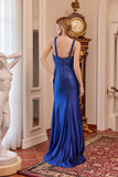 Juliet Stretch Satin Wide Strap Gown with Beaded Bodice and High Slit JT2680R Navy Blue