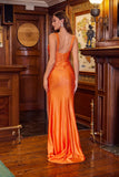Juliet Stretch Satin Wide Strap Gown with Beaded Bodice and High Slit JT2680R Orange