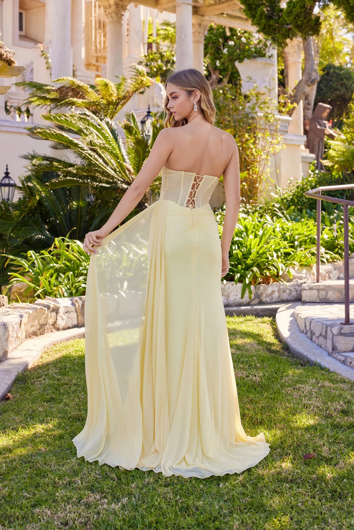 Juliet Sweetheart Draped Gown with Flowing Sash JT2684A Butter Yellow