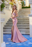 Juliet Sweetheart Neck Draped Satin Gown with Beaded Bodice and High Slit JT2627U Rose Gold