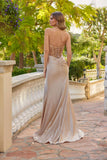 Juliet Sweetheart Neck Draped Satin Gown with Beaded Bodice and High Slit JT2627U Champagne