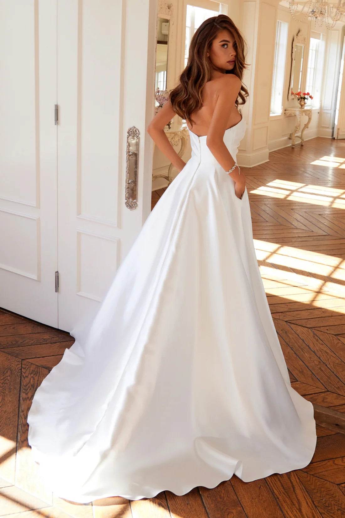 Juliet Stunning Swoop Neckline A-Line Satin Wedding Dress JT2885CW - Rosa Apparel