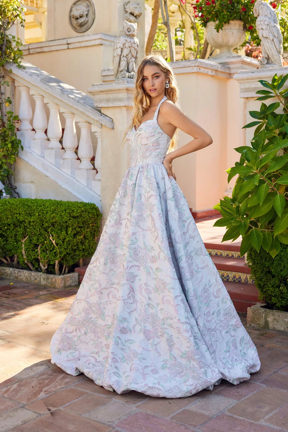Juliet JT2742A Corset Long Formal Ball Gown Floral Prom Dress - Blush Garden / 8 Juliet JT2742A Corset Long Formal Ball Gown Floral Prom Dress - Blush Garden / 8