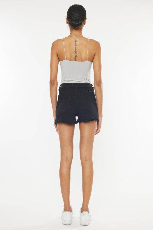 Kan Kan USA Casual High Rise Frayed Hem Black Denim Shorts - Rosa Apparel