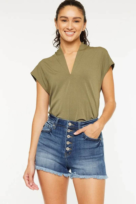 Kancan High Rise Frayed Hem Denim Shorts - Rosa Apparel