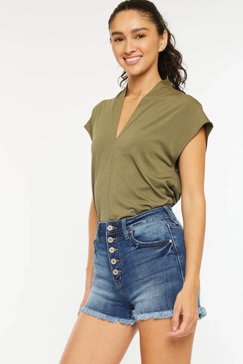 Kancan High Rise Frayed Hem Denim Shorts - Rosa Apparel