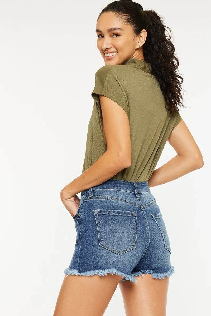 Kancan High Rise Frayed Hem Denim Shorts - Rosa Apparel
