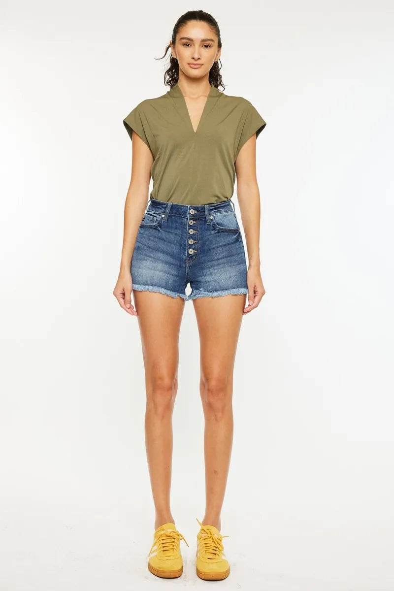 Kancan High Rise Frayed Hem Denim Shorts - Rosa Apparel